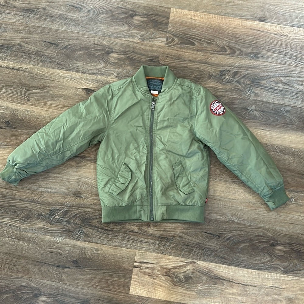 Levi's Bomber Jacket Boys Small Green Nylon Logo Embroidered Patch Zipsw/pockets